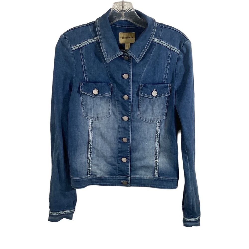 Bandolera Women’s Denim Distressed Jean Jacket With Ribbon Trim.  Size 12